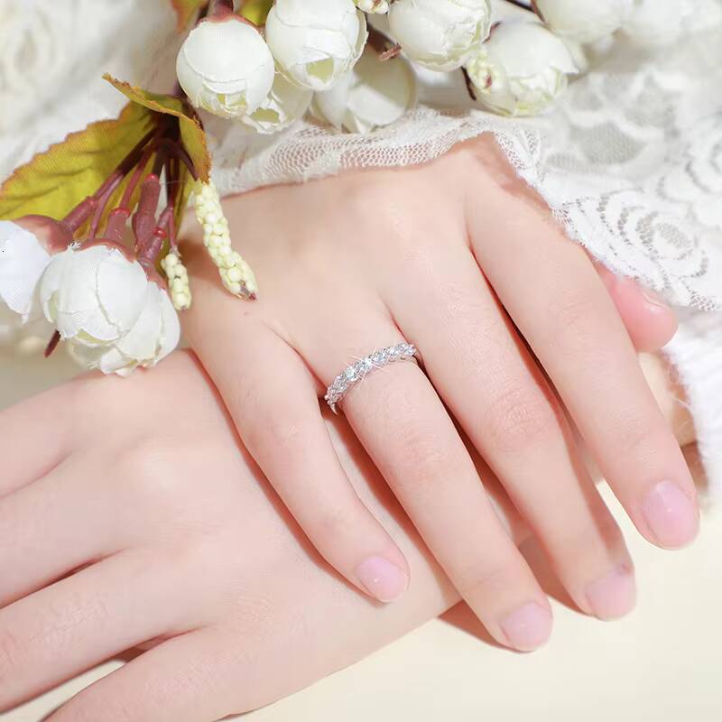 Silver S925 2mm Round Brilliant Cut Moissanite Stone Wedding Eternity Band Ring Ready to Ship Engagement Ring Women Jewelry