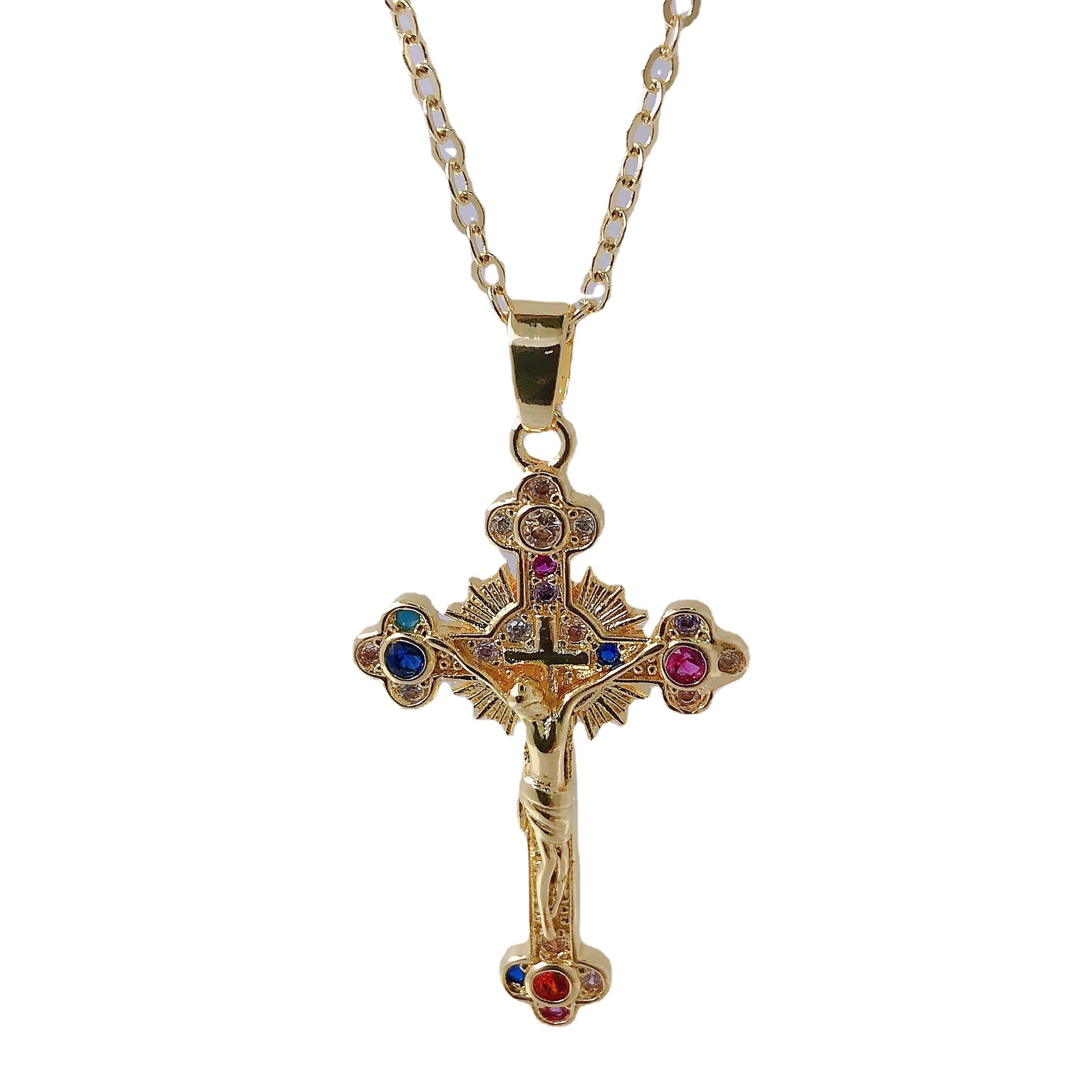 Religion Jesus Cross Pendant Necklace For Women Men Shiny Rhinestone 18K Gold Color Chain Simple Design Hip Hop Party Jewelry