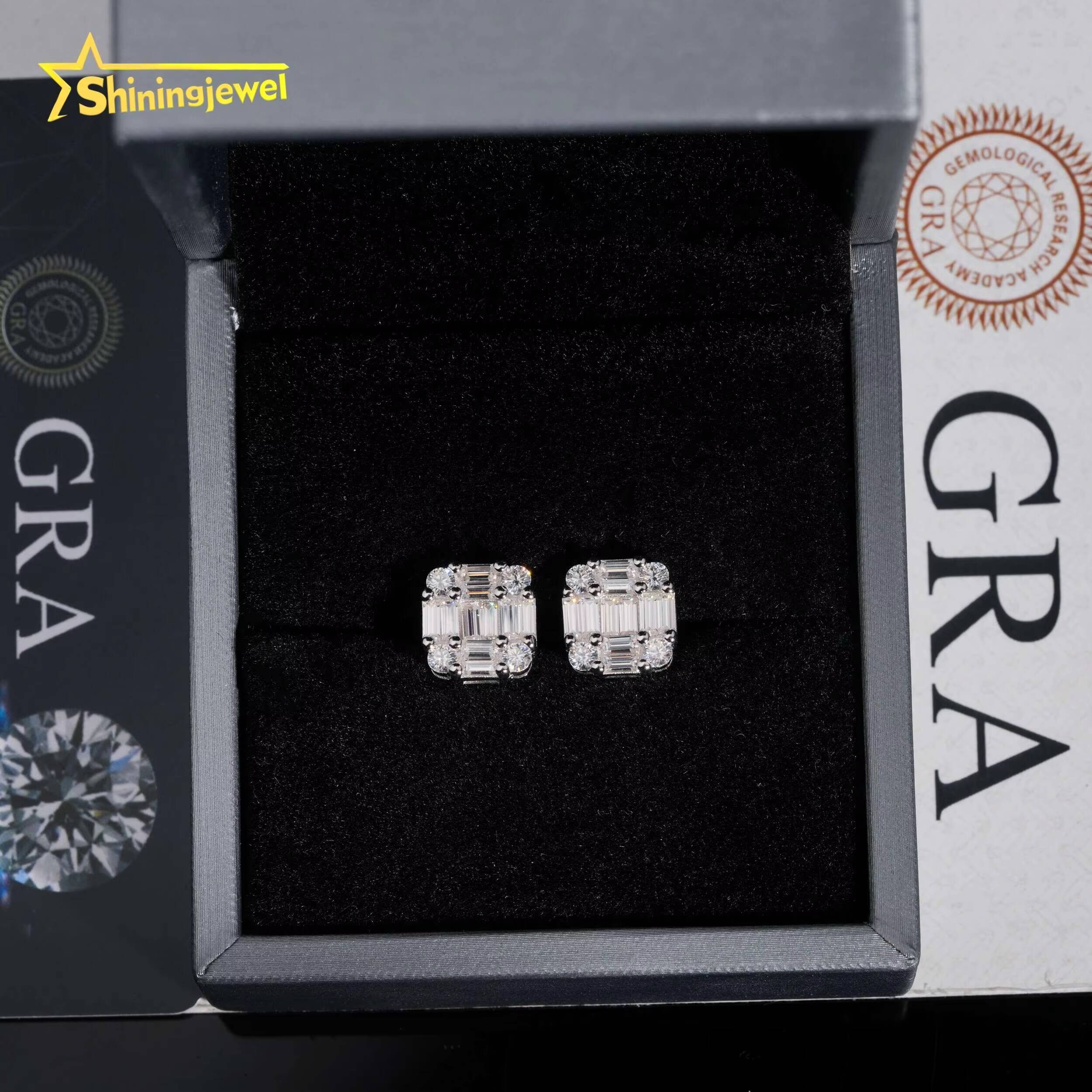 New Arrival Hip Hop Design Baguette Diamond 925 Sterling Silver VVS Iced Out Moissanite Stud Earrings for Men