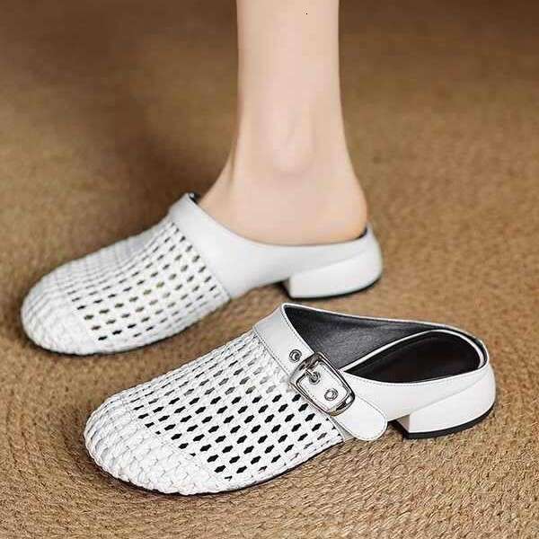 2.5cm High-End Genuine Leather Closed-Toe Mules 2025 New Spring Summer French Style Round-Toe Outdoor Flat Sandals for Women