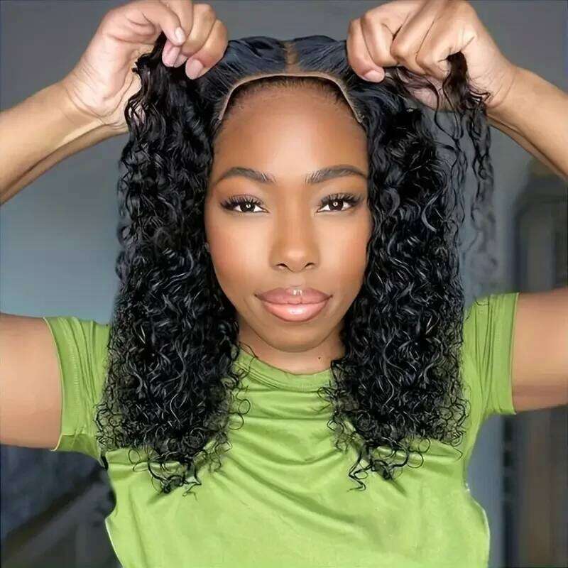 Put On And Go Glueless Bob Wigs Human Hair For Women Plucked Pre Cut Ready To Wear Kinky Synthetic Curly Lace Front Wig