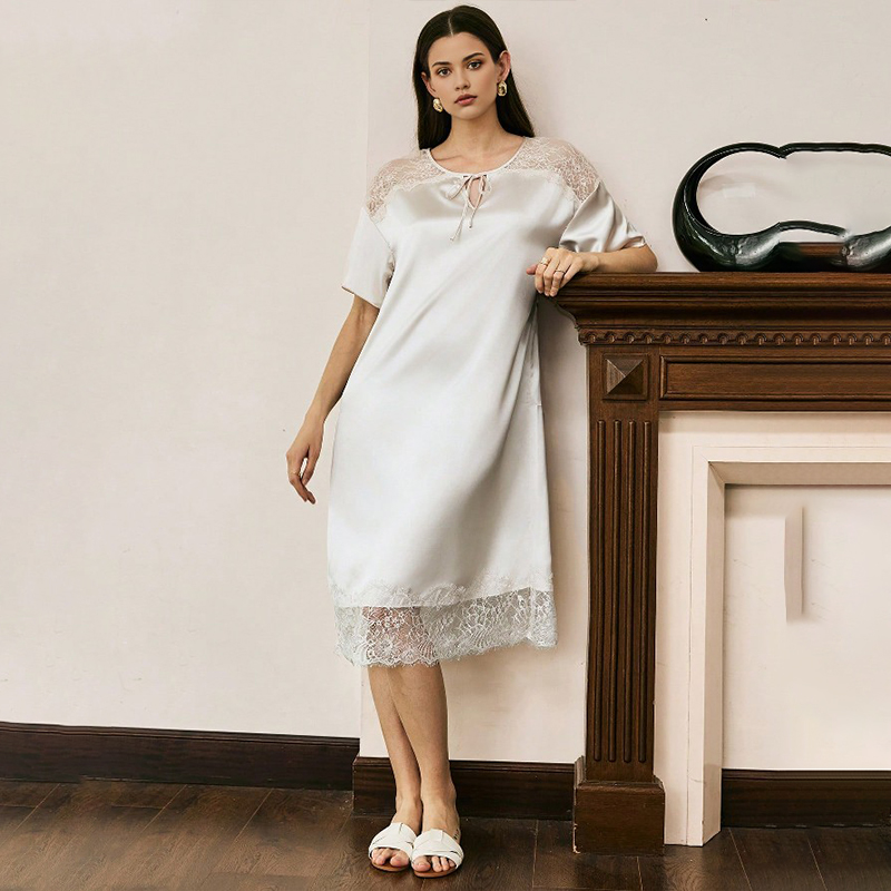 2025 New Women's Spring/Summer Silk Satin Lace Patchwork Short-Sleeved Long Dress Nightgown Homewear