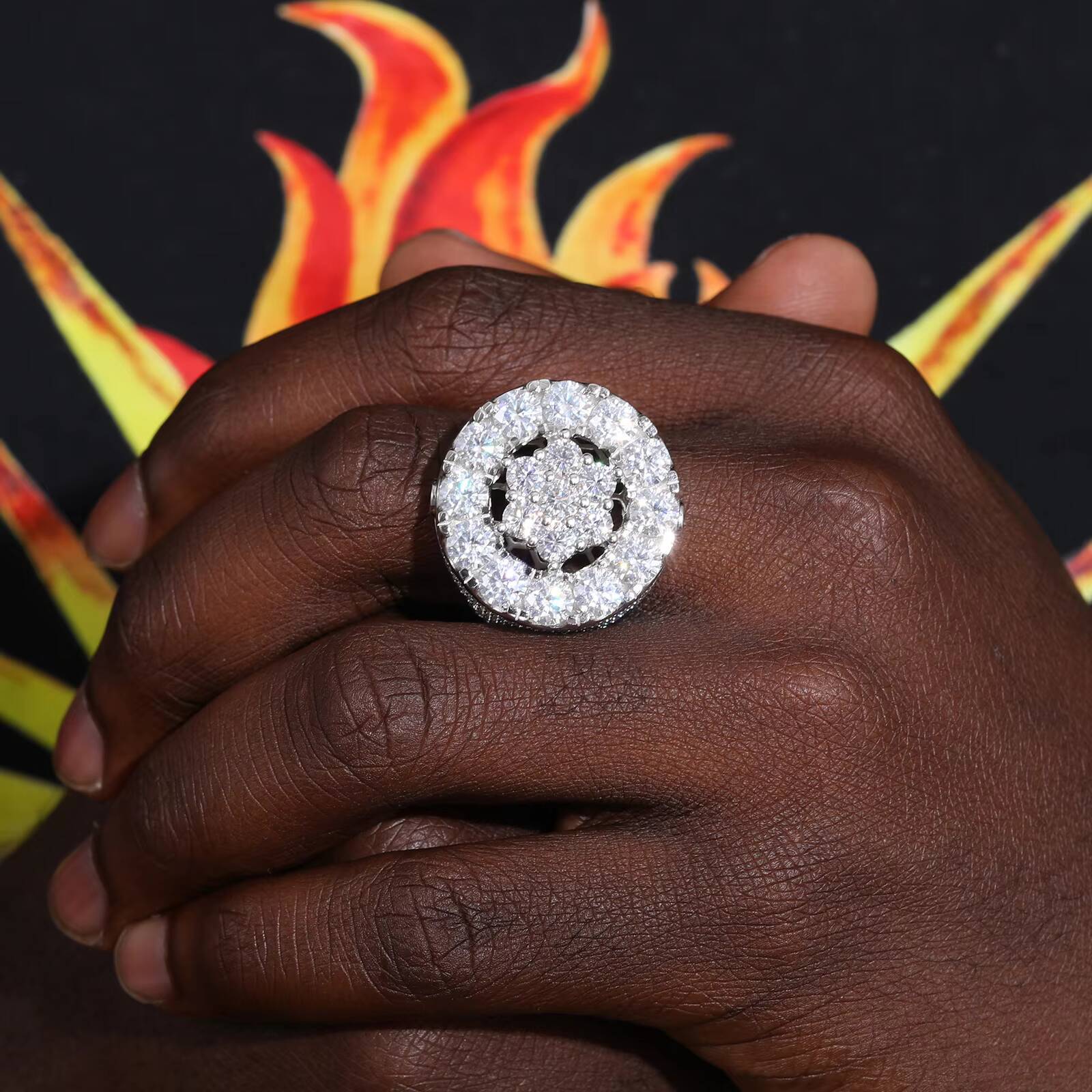 Wholesale Luxury Engagement Jewelry Gift 925 Sterling Silver 2 Layers VVS Moissanite Diamond Iced Out Halo Flower Wedding Ring