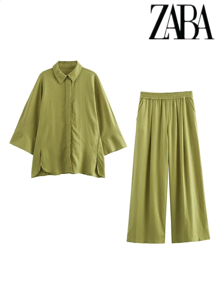 TRAF Womens Linen Blend Solid Color Loose Suit Flip Lapel Single Breasted Long Sleeve Shirt High Waisted Wide Leg Pants Set 250724