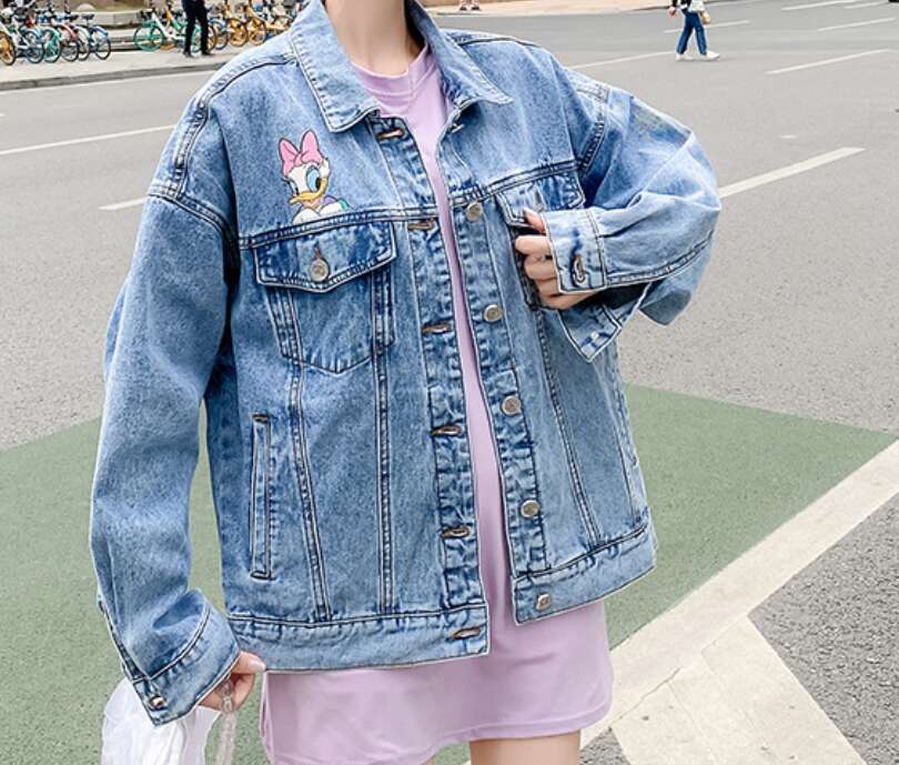 Designer Clothing 2025 Fashionable Retro Printing Lapel Long-Sleeved Denim Jacket For Women 2023 Spring And Autumn Loose Cartoon Duck Jeans Coat Femal