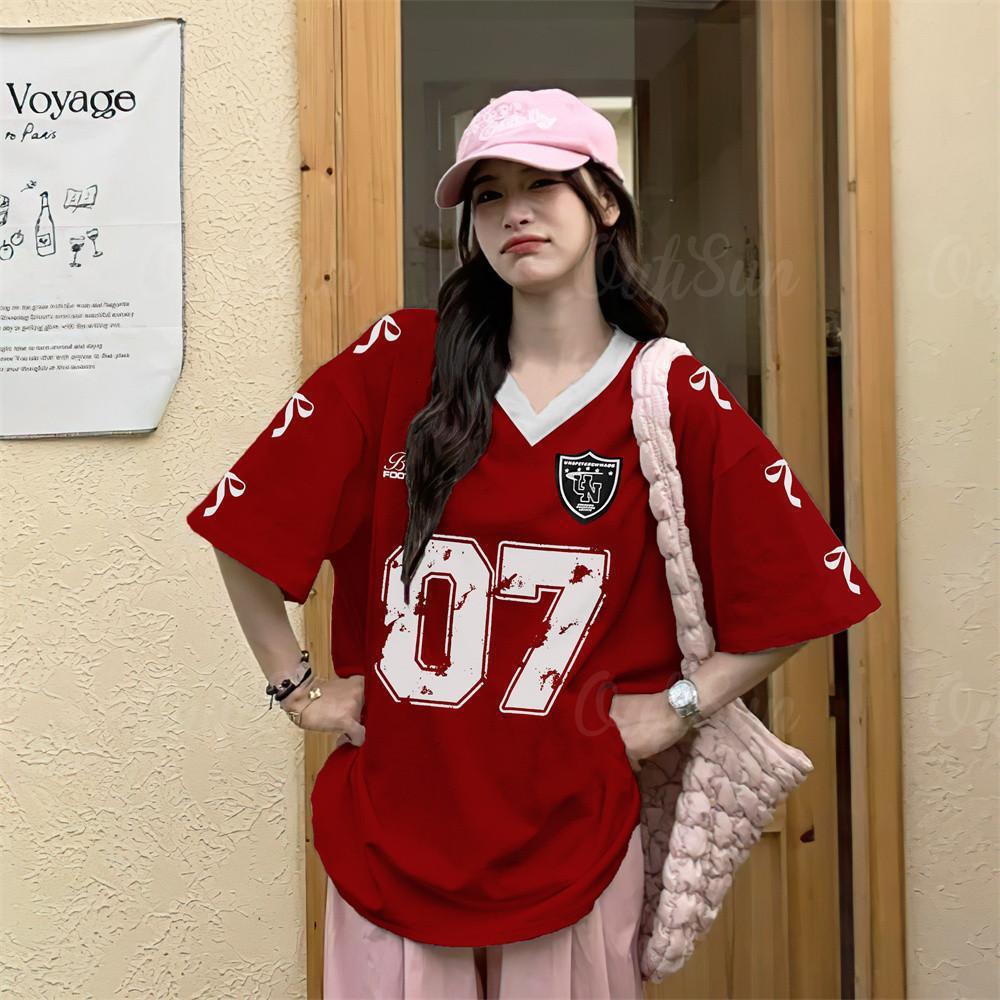 2025 High Street Leisure Sports Baseball Collar Color blocked Short Sleeve Women's Summer Loose Printed Top New Designer T-shirt