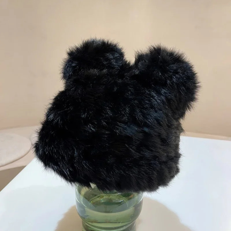 Black bear ears rabbit fur hat cute plush wrap head cap cold warm fur cap Y2k Girls Korean Hats Knitted Hat 250730