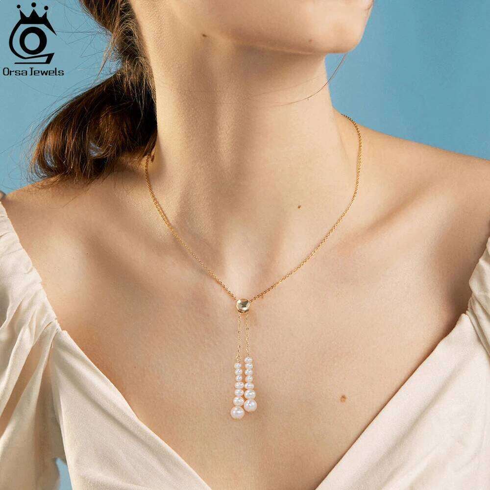 ORSA JEWELS 14K Gold Plated Minimalist Freshwater Neckalce Beads Pearl Pendant Chain Temperament Jewerlry GPN41