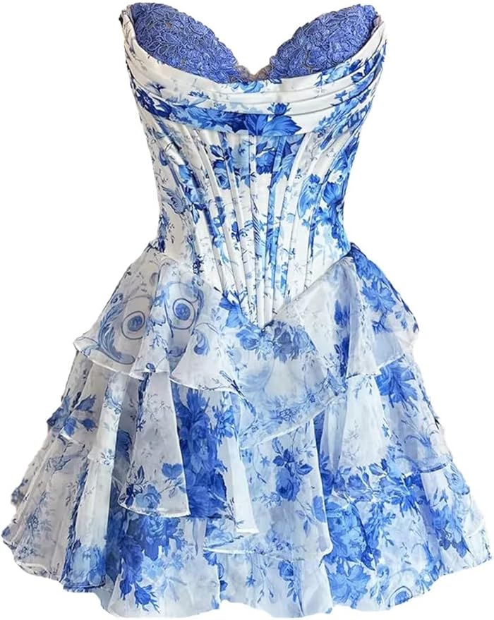 New Strapless Corset Short Homecoming Dresses for Teens Blue and White Porcelain Print 2025 Tiered Ruffle Lace Applique Graduation Cocktail Party Dres