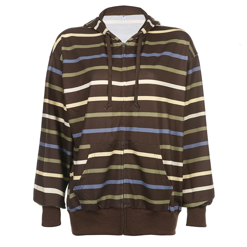 Y2k Zip Up Striped Hoodie Women Oversized Goth Sweatshirt EGirl Grunge Long Sleeve Graphic Jacket Fall Streetwear 250730