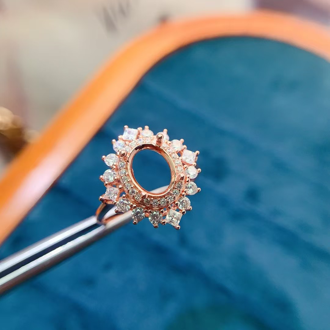 Sparkling 925 silver ring setting 7mm*9mm oval gemstone semi mount ring with 3 layers 18K gold plating keep shining