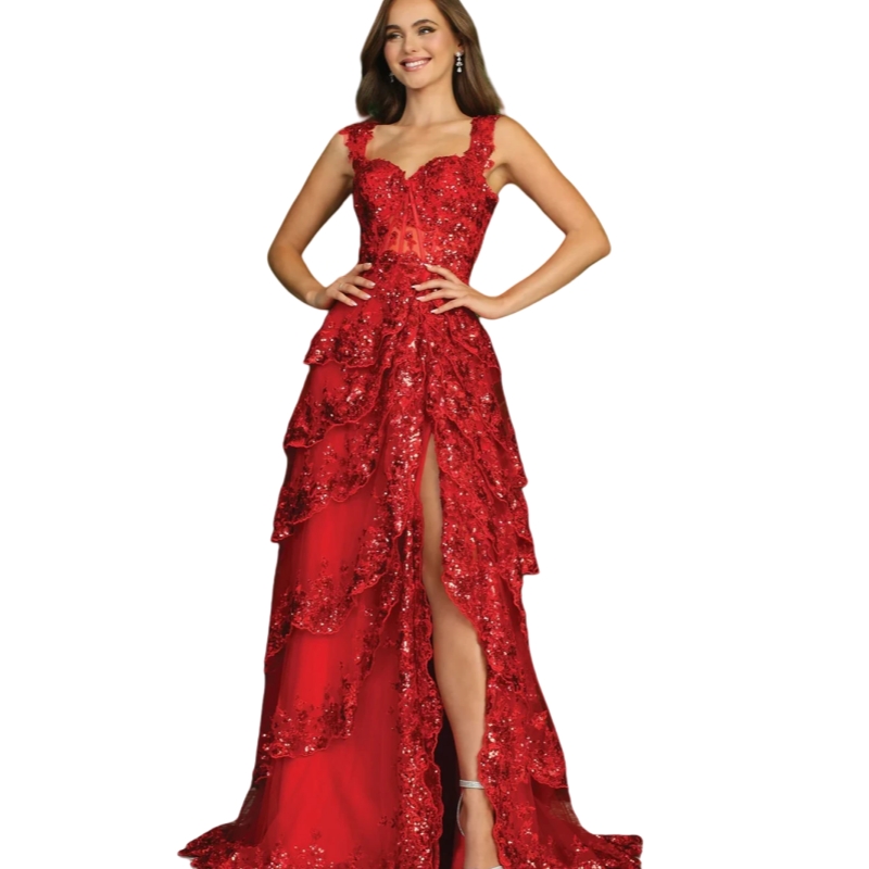 Luxurious lace applique V-neck Prom Dresses Side Slit 2025 Sexy Red A-line Evening Gown Classic Tulle Floor-length Gowns Straps Long Homecoming Dress