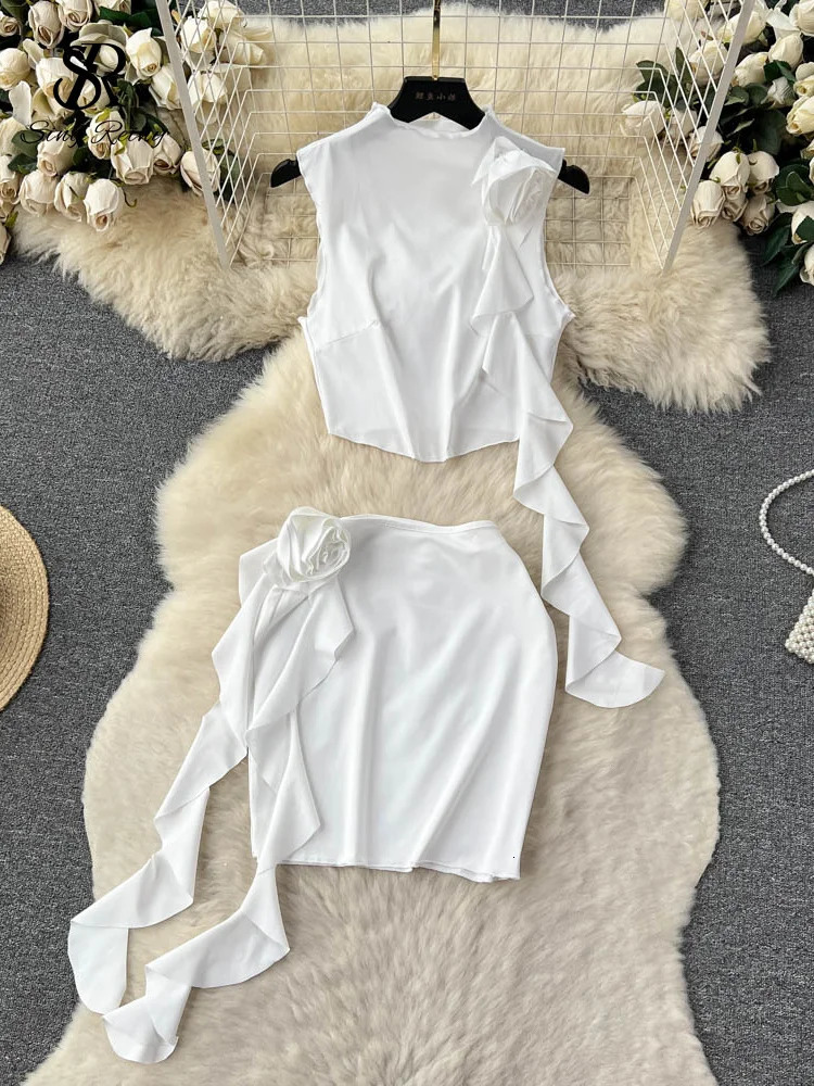 SINGREINY Women Sexy Two Pieces Suits Sleeveless Ruffles Short BlouseBodycon Flower Mini Skirt Fashion Streetwear Beach Sets 250730