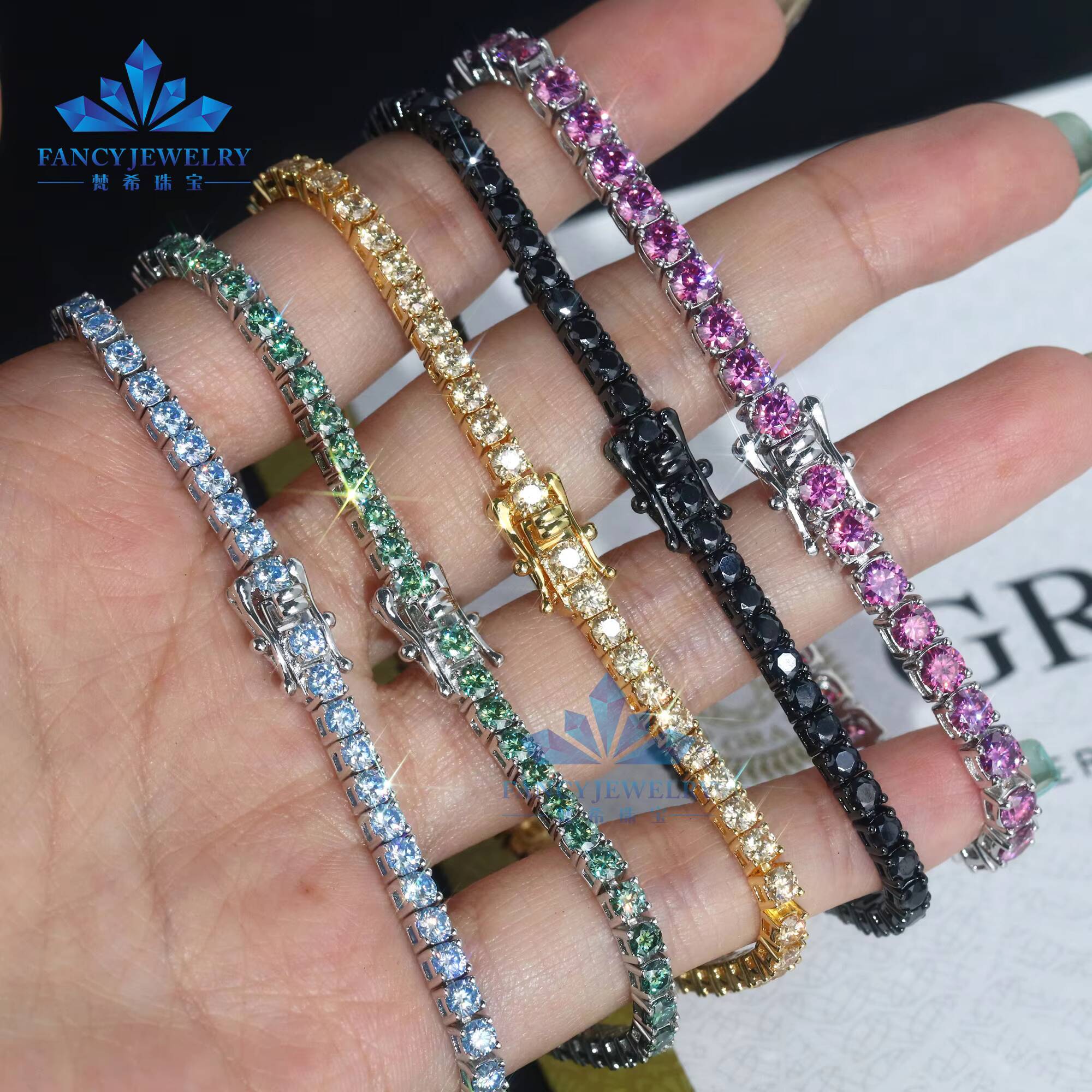 Iced Out Pink Black Yellow Green Blue Moissanite Colorful 3mm Moissanite Diamond Tennis Chain Tennis Bracelet for Women Men