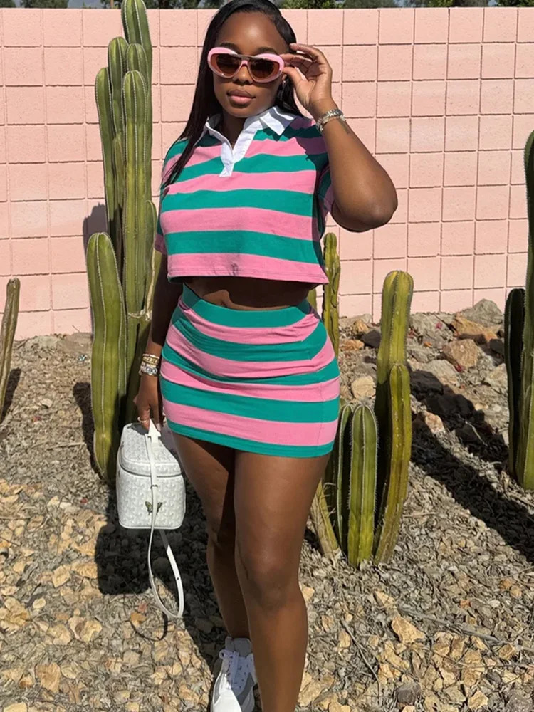 Kricesseen Womens Striped Skirt Set TwoPiece Dress Girls Short Sleeve Shirt Top And Matching Sporty Overalls Active Wear 250730