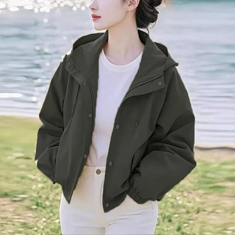 Khaki Spring Autumn Item Beautiful Casual Niche Loose Yellow Hooded Short Jacket For Women Outcoat With Lining 250728