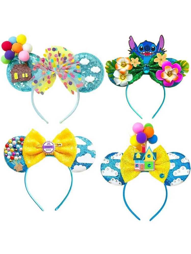 Disney Mickey Mouse UP Ears Hair Accessories for Women Flying House Balloon Travel Sequins Hairbands Girl Headband Kids Bow eadwearXJ250504