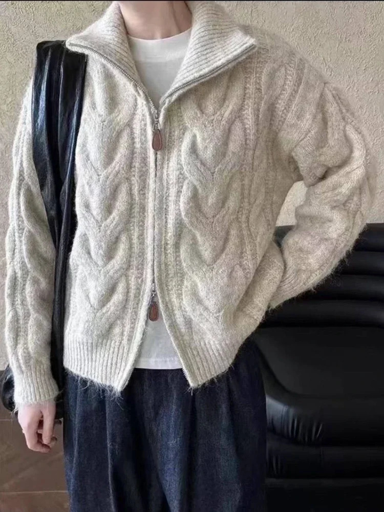 Women Autumn Winter Lazy Style Loose Knitted Cardigan Retro Solid Color Double Zipper Turndown Collar Sweater Top 250730