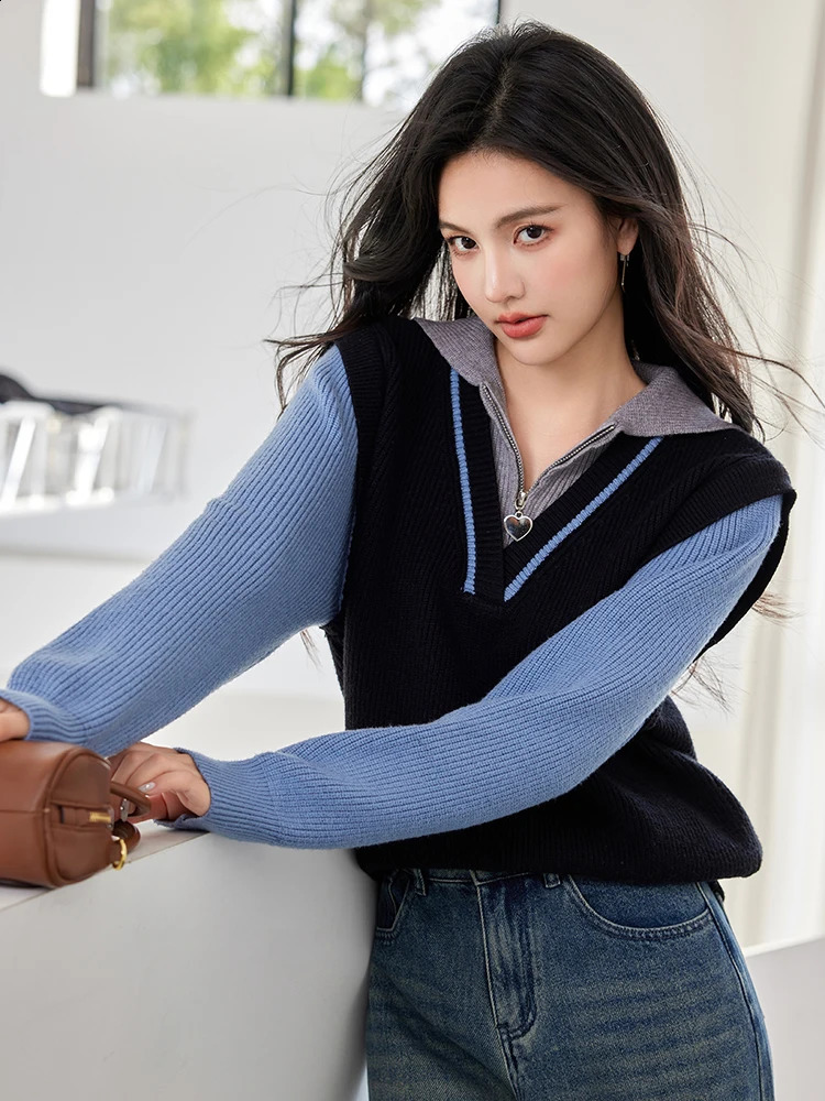 Autumn Twopiece Knitted Sweater Women Fashion Temperament Long Sleeve Pullover Knitwear Tops 250730