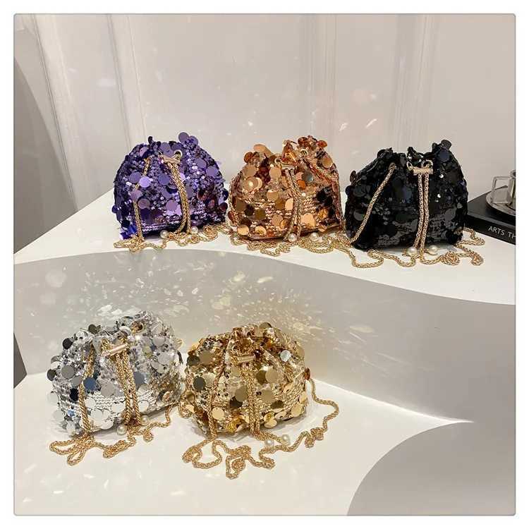 Sequin Chain Womens Portable Bucket Shoulder Bags Ladies Dinner Party Clutch Purse Design Female Crossbody Bag Y250730