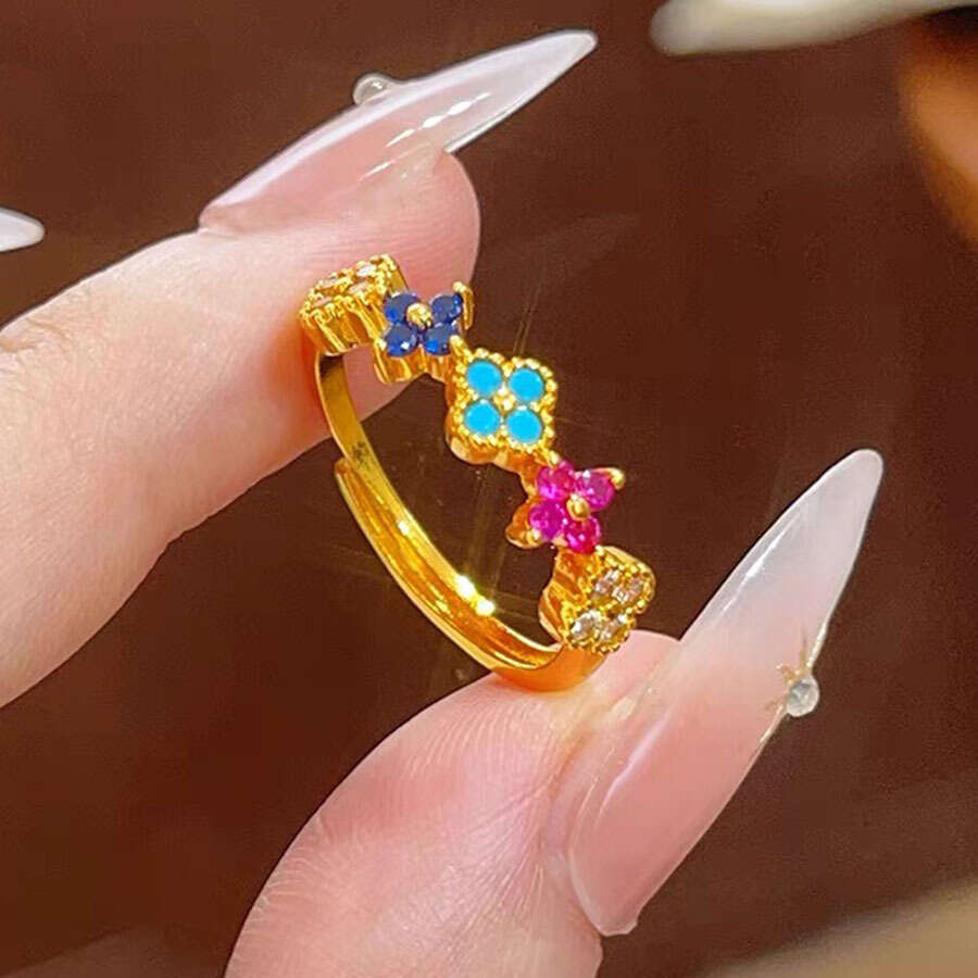 Lucky Colorful Four-Leaf Clover Women's Trendy Unique Light Luxury Summer Sweet Dopamine Rainbow Ring Exquisite