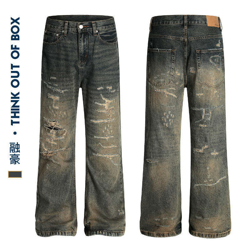 Stain-Dyed Personality Ripped Jeans American Vintage Washed Design Summer Trendy Unisex Wide-Leg Pants B5