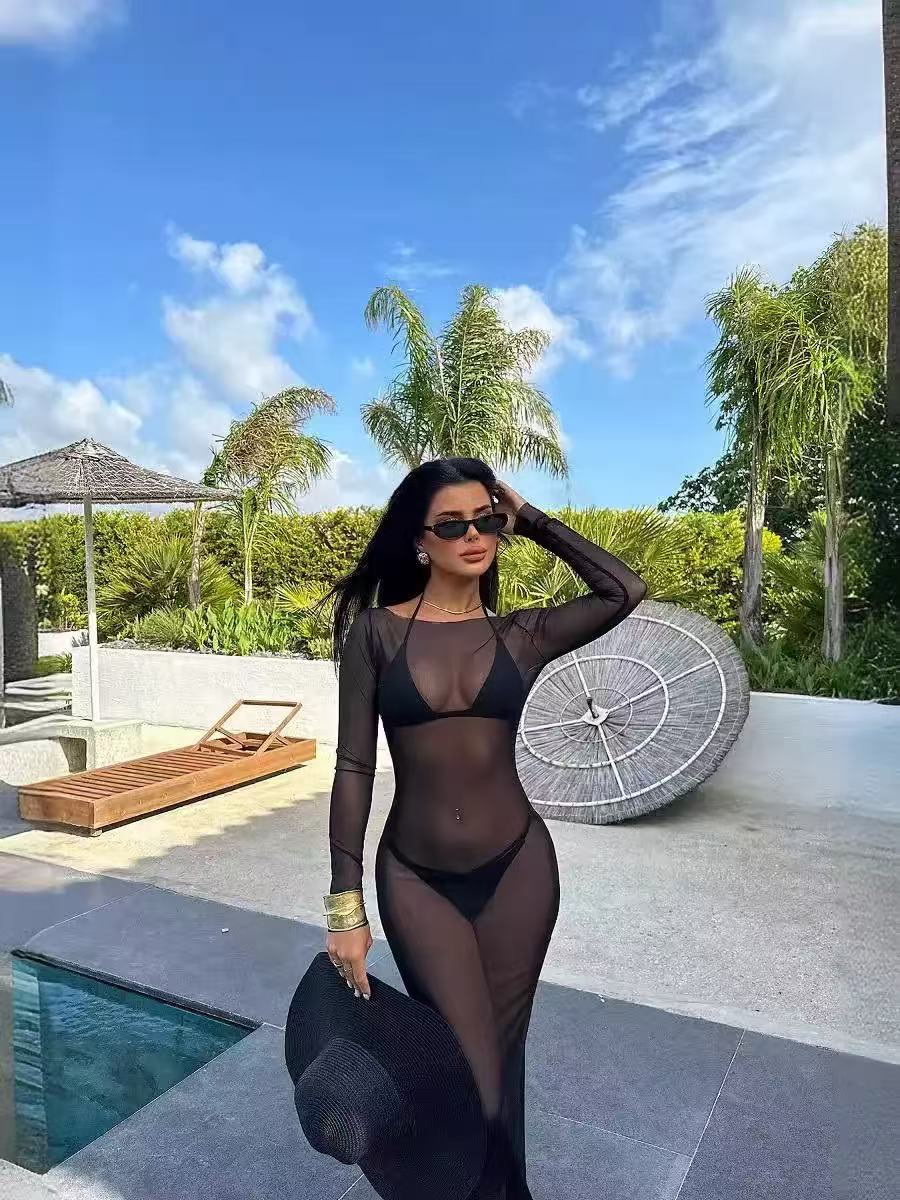2025 Summer New European and American Style Sexy Women's Clothing, Slimming Mesh See-Through Off-the-Shoulder Long Sleeve Long Dress for Hot Girl