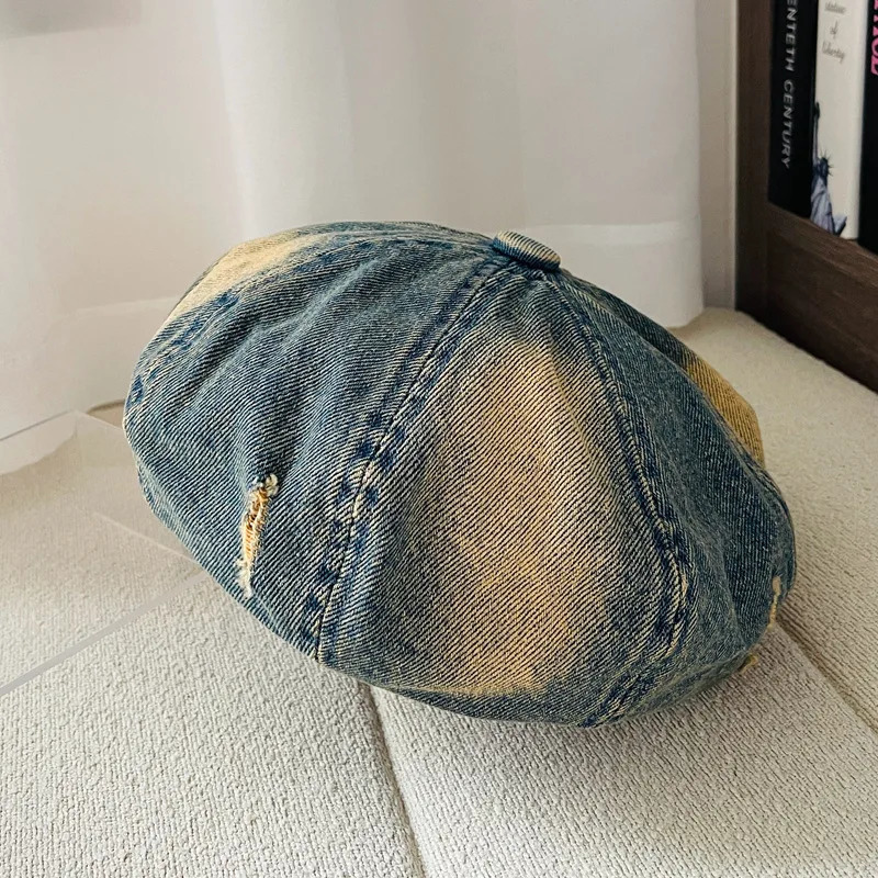 Korean Style Vintage Denim Holed Distressed Beret Hat Women Large Head Size Small Face Painter Caps Breathable Beret 250730
