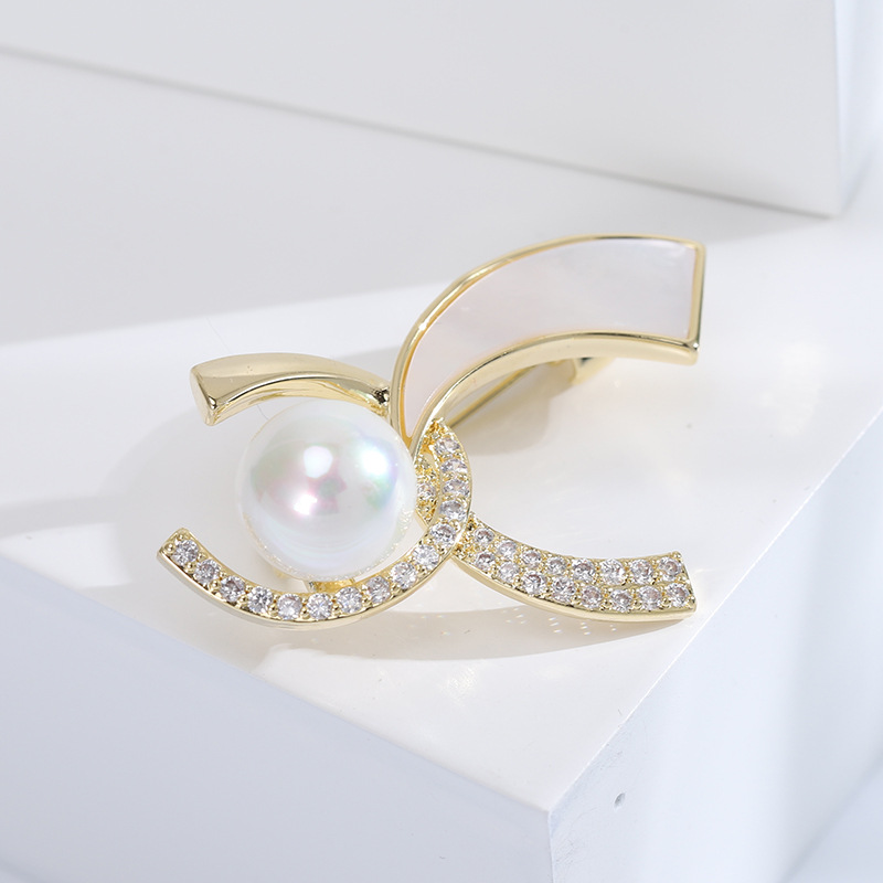 Gold Tone Classic Shaped Brooch With Pearl, Mother - Of - Pearl And Rhinestone Accents Elegant Party Jewelry And Gift For Her High Quality And Stylish