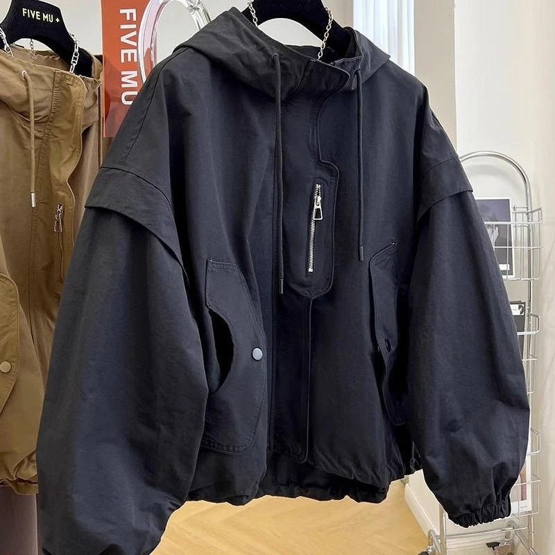 High-end n Niche Unique Hooded Casual Top Loose Workwear Jacket Womens Spring Autumn Short Windbreaker Trendy Jacket Chic 250728