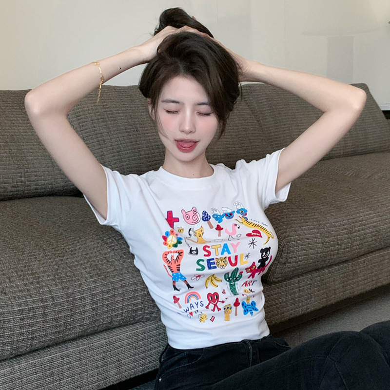 2025 pure desire spicy girl cartoon printed short sleeved women's T-shirt summer new slim fit basic shirt short top new designer T-shirt