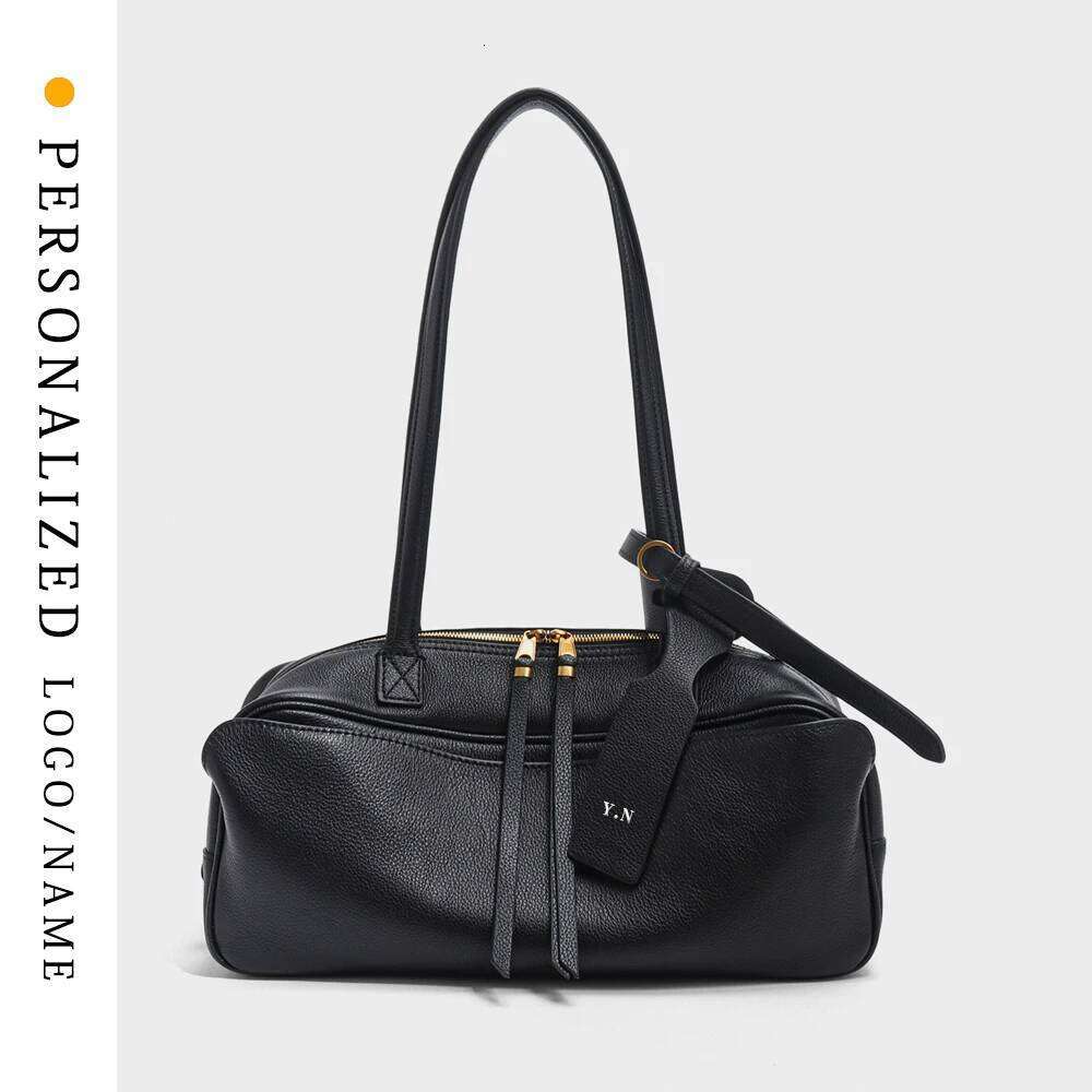 Free Gold Stamping Letter Spring and Summer Genuine Leather Bowling New Women's Bag Simple First Layer Cowhide Boston