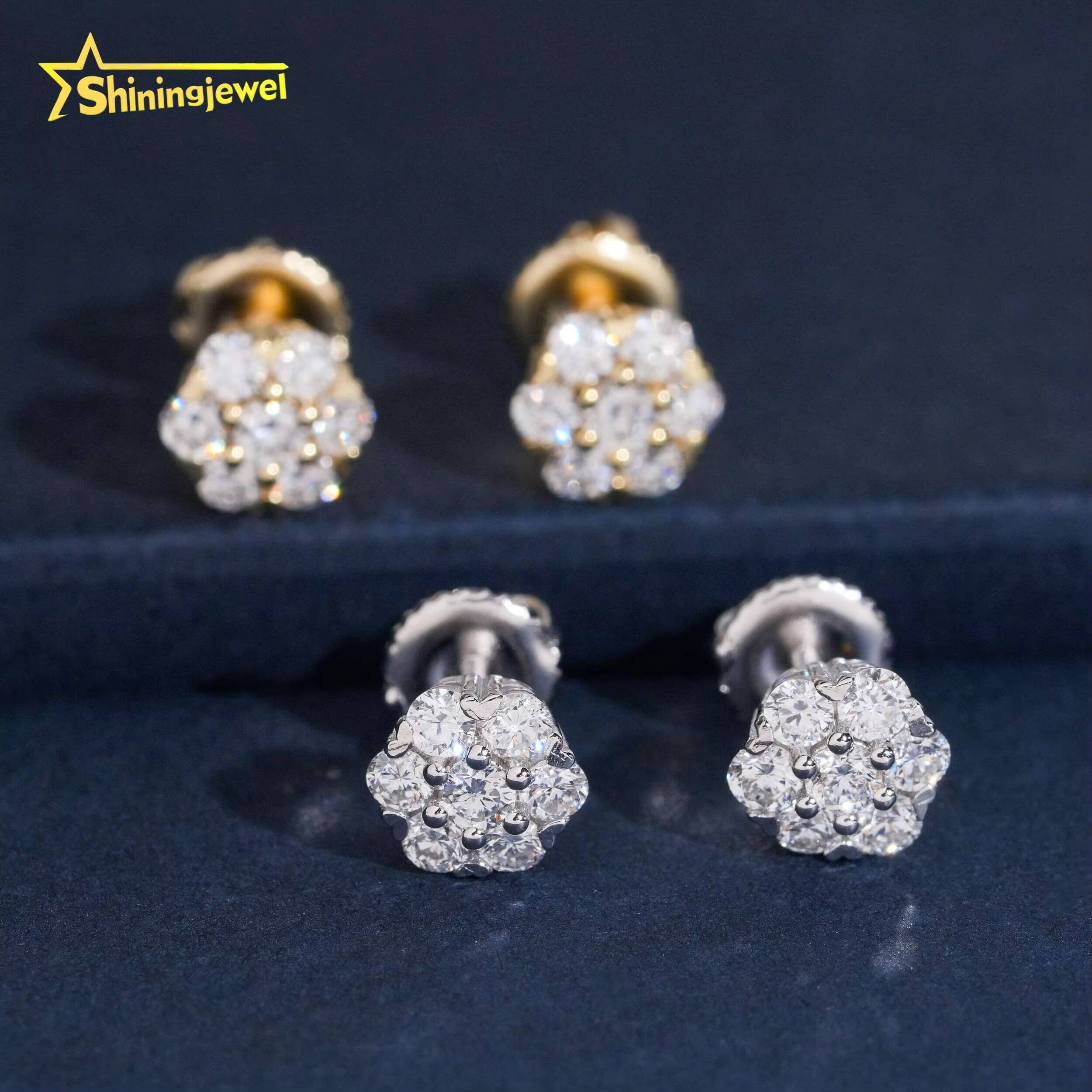 9.5mm Fashion Flower Earrings Cluster Lab Grown Diamond 925 Sterling Silver Iced Out Lab Diamond Screw Back Earrings