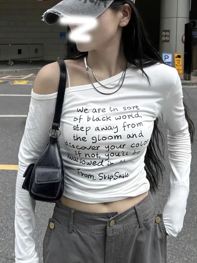 Vintage Y2k Off shoulder Long sleeve T shirt Women Body Sexy Letter Print Basic Baby Crop Top Lady Korean Chic Tees Slim fit 250730