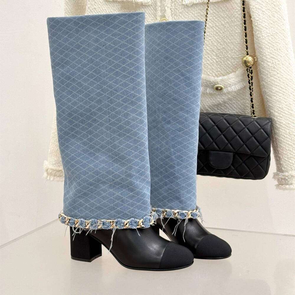 Women Size35-41 Genuine Leather High Heels Chain Knight Boots Round Toe Slip On Designer Shoes Zapatillas De Mujer e7b