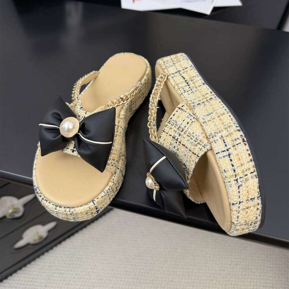 Women Size34-41 Flip-Flops Chain Pearls Butterfly Knot Slippers Flat Platform Slides Designer Shoes Zapatillas De Mujer 9c1