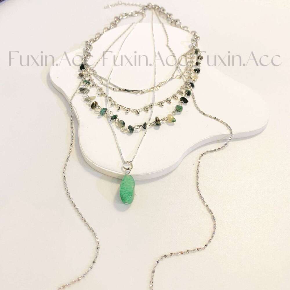 Fuxin New Multi-layer Tassel Turquoise Necklace Emerald Pendant Collarbone Chain Niche Design High-end Choker 53e