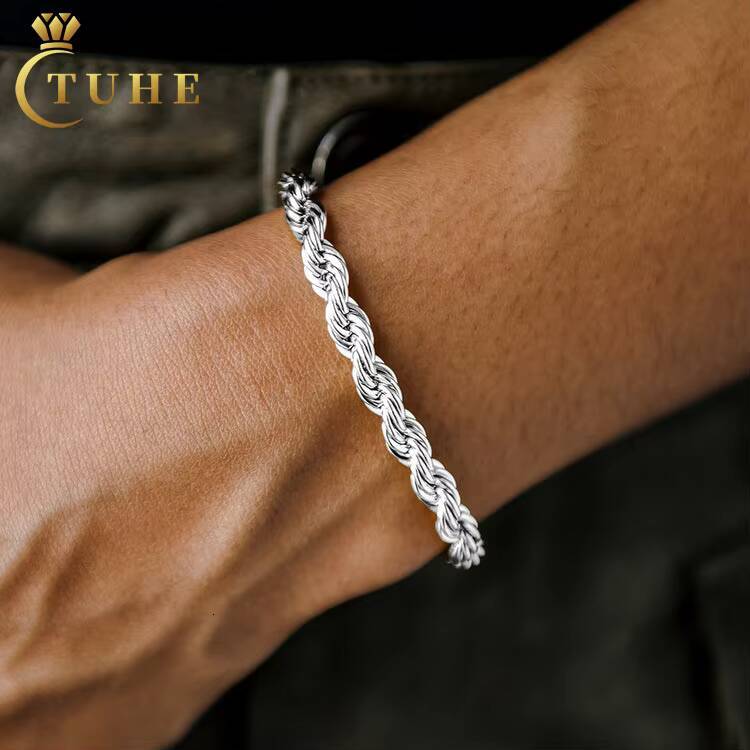 Handcraft Hip Hop Jewelry 6mm 12mm White Gold 925 Sterling Silver VVS Moissanite Buckle Twisted Rope Chain Bracelet for Men
