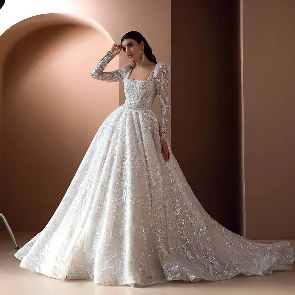 Luxury Ball Gown Bridal Gowns Beaded Long Sleeves Square Collar Wedding Dress Custom Made High Quality Princess Dresses