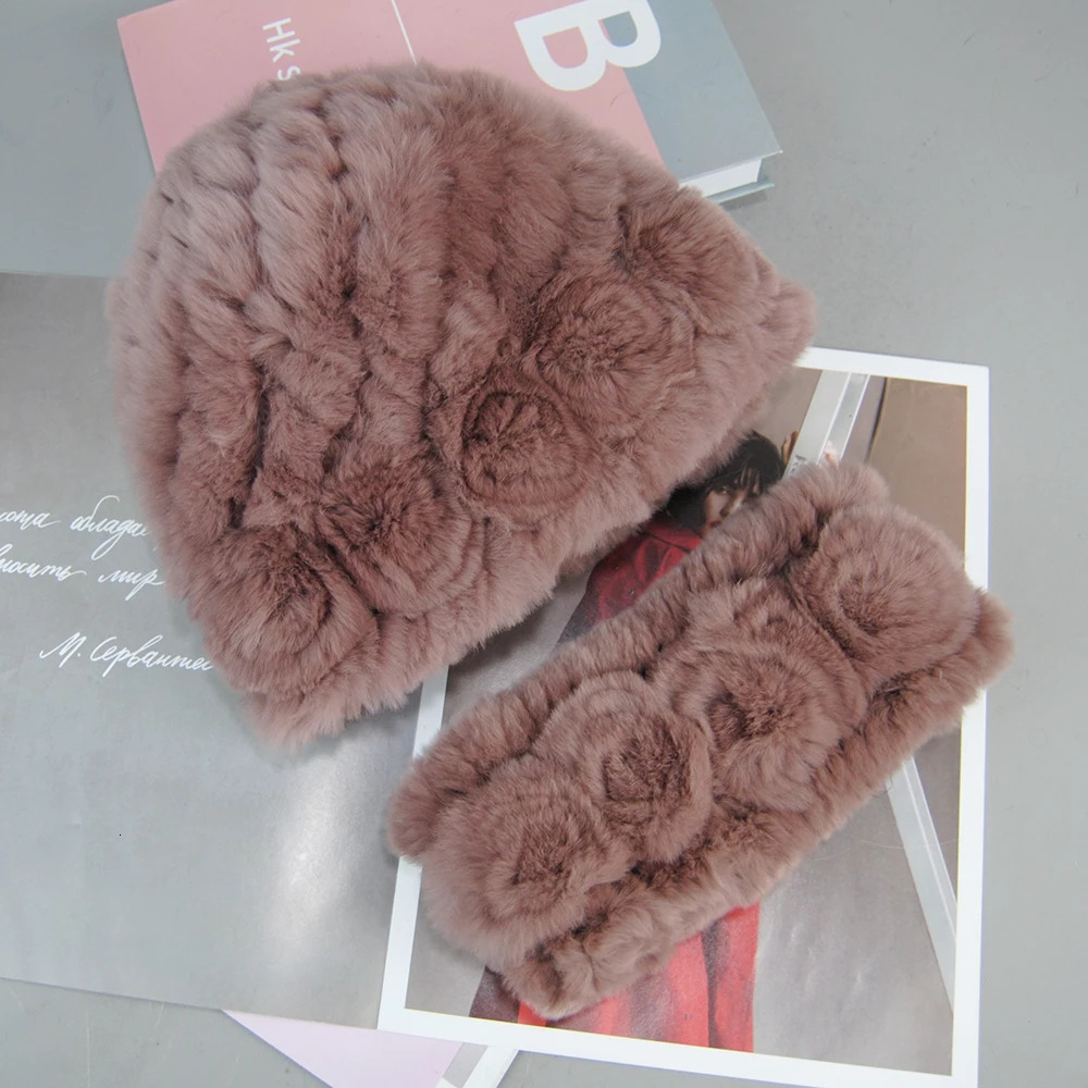 Fashion Fur Hats Scarves Sets Women Winter Knitted Rex Rabbit Fur Hat Scarf Ladies Natural Fur Hats Mufflers Sets 250724