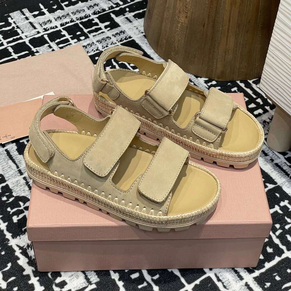 Women Size35-41 Natural Cow Suede Sandals Flat Platform Weaving Summer Flats Hook Loop Designer Shoes Zapatillas De Mujer 591