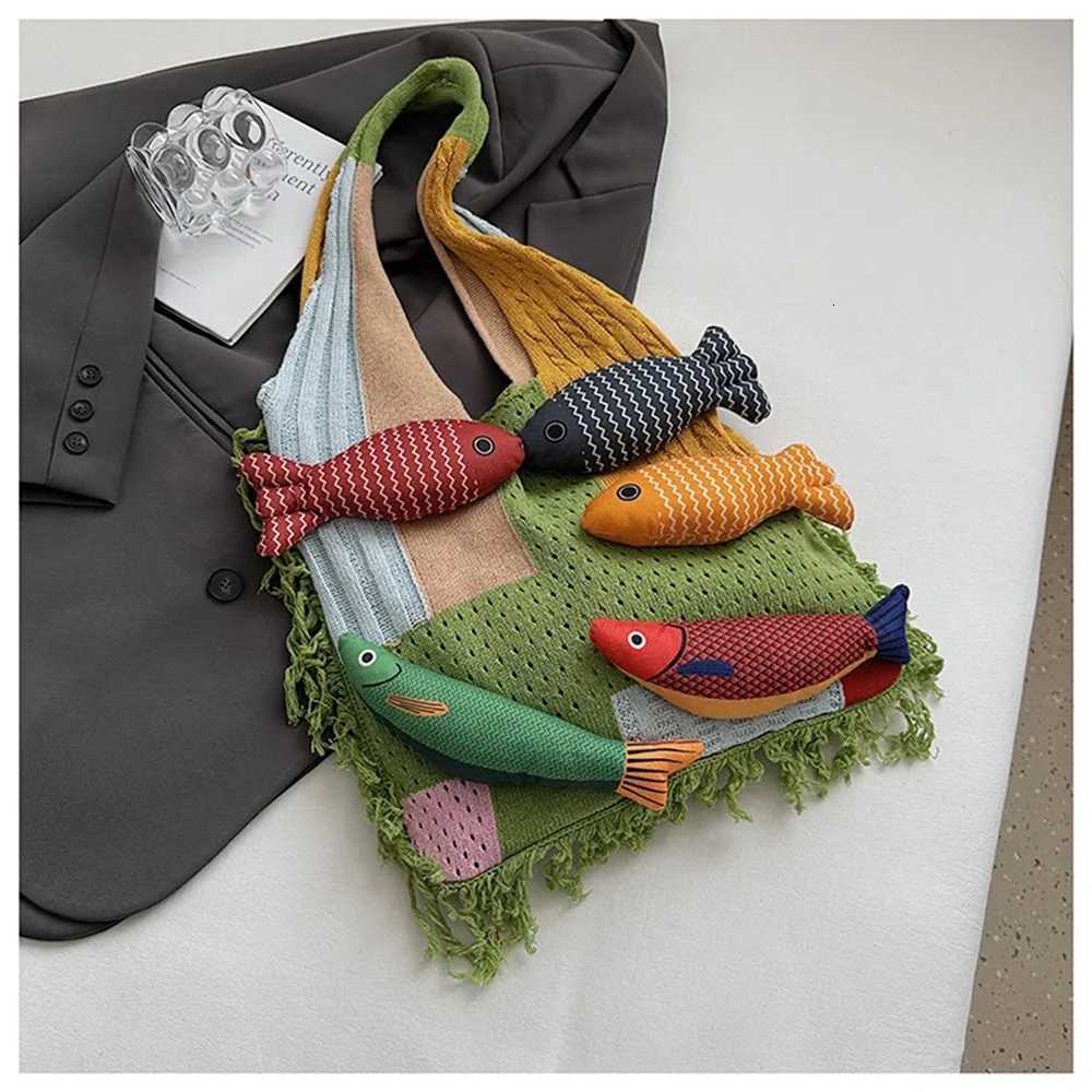 Leisure Summer Cotten Crochet Shoulder Bag Large Capacity Fish Tassels Beach Handbag Fashion Handbag Tote Bag Women Y250730