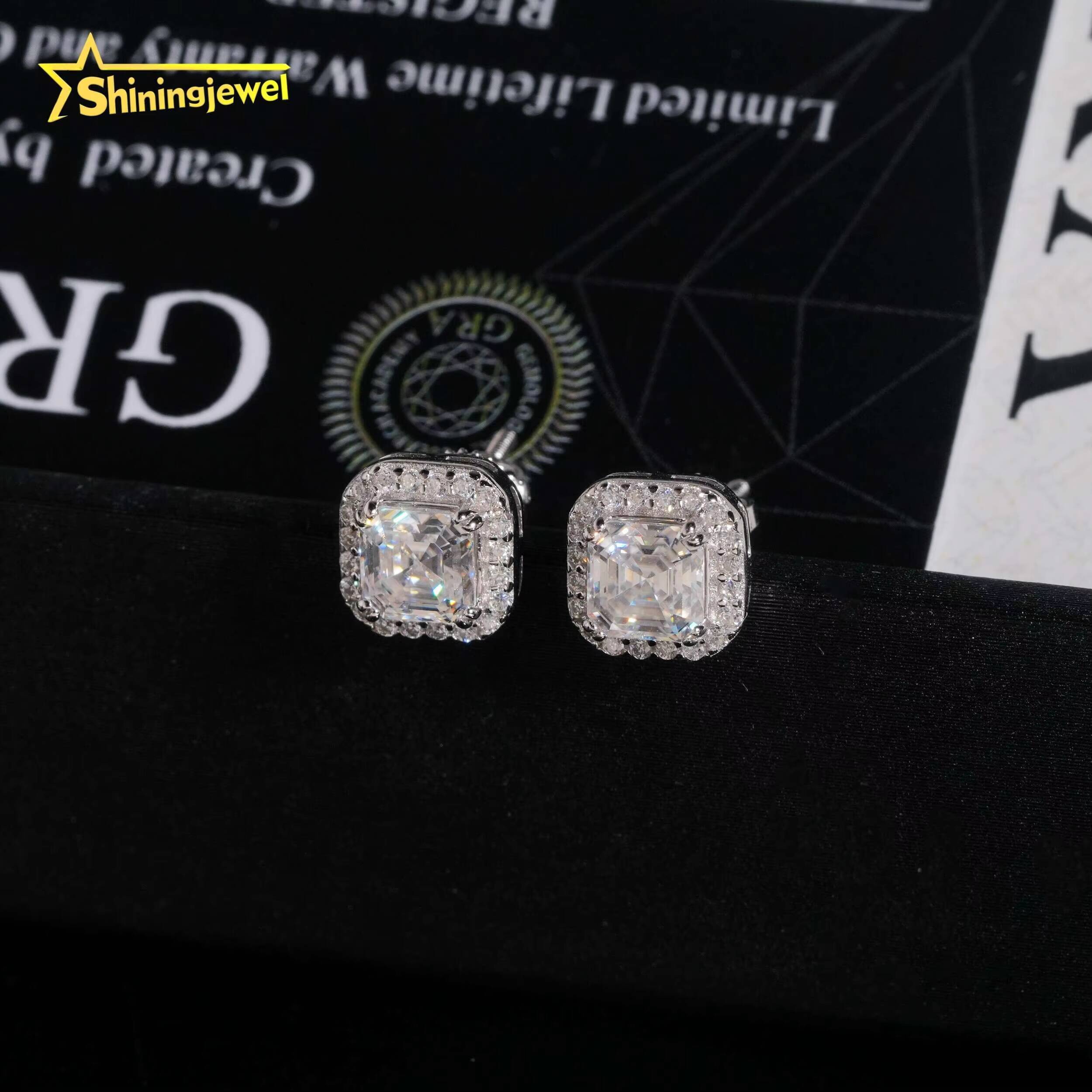 Hip Hop Jewelry Screw Back 925 Silver Halo Asscher Cut 5*5mm Mens VVS Moissanite Earrings