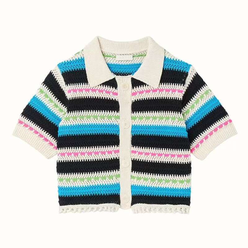 Designer Clothing 2025 Stripes Hollow Out Short Sweater Women Turn-Down Collar Single Breasted Female Short-Sleeved Knit Cardigan 2024 Spring Summer
