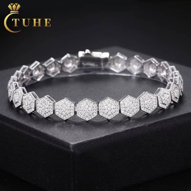 Bling Iced Out Mens Jewelry Geometric Bracelet 9mm 925 Sterling Silver Vvs Moissanite Diamond Hexagon Bracelet
