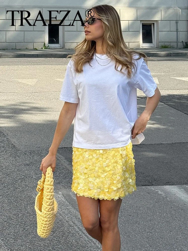 TRAFZA Elegant Women Solid Sequined Slim Mini Skirt Sparkling Party Style Female Sexy High Waist Short ALine 250730