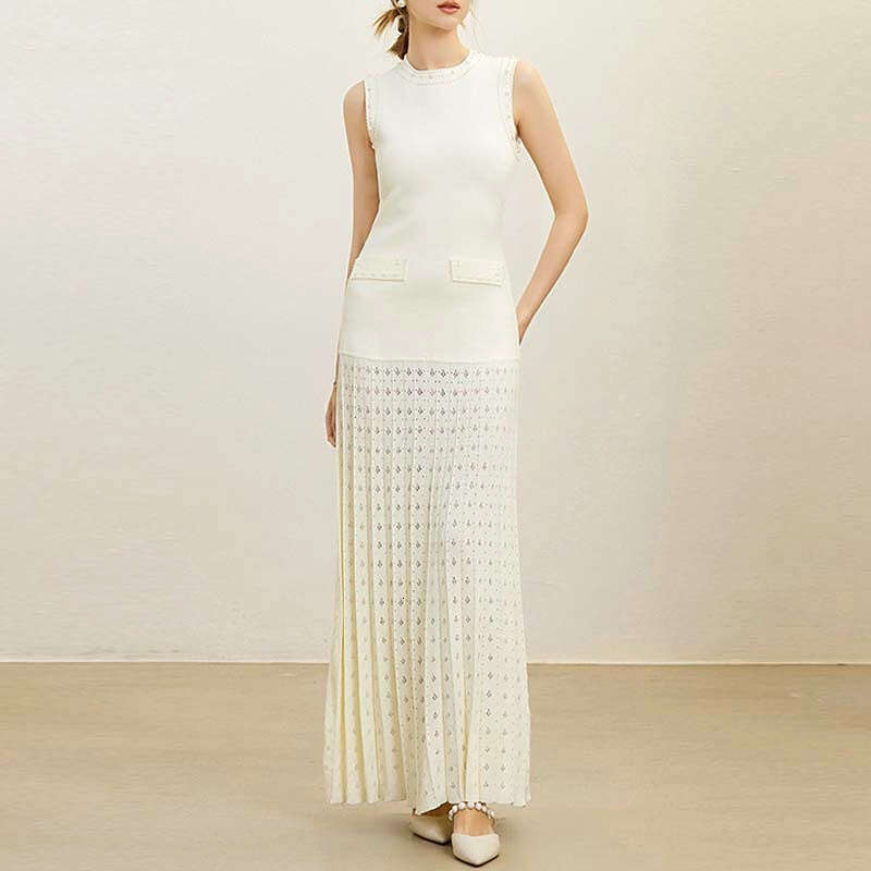 2025 Spring Summer Elegant Socialite Pearl Decorated Round Neck Sleeveless Knitted Slim Long Dress
