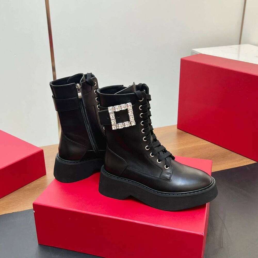 Women Genuine Leather Med Heels Crystal Buckle Ankle Boots Flat Platform Zipper Designer Shoes Zapatillas De Mujer 523