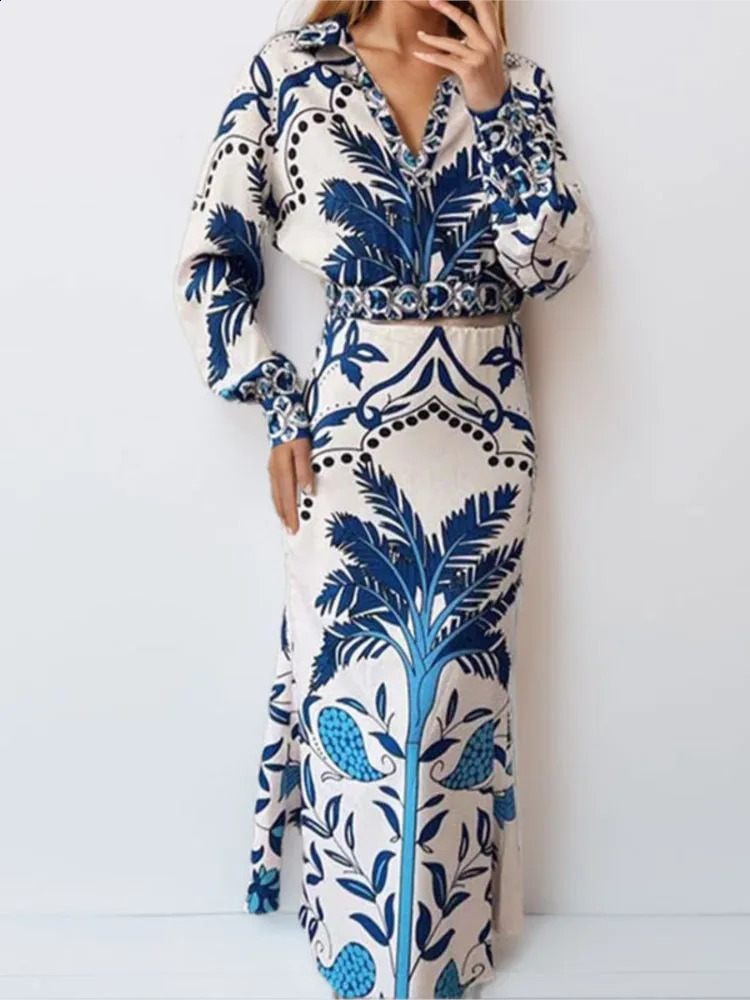 2025 Women Printed Two Piece Set Fashion Elegant Vintage V-neck Long Sleeve Cropped Top And High Waist Midi Skirt 2 Piece Sets 250728