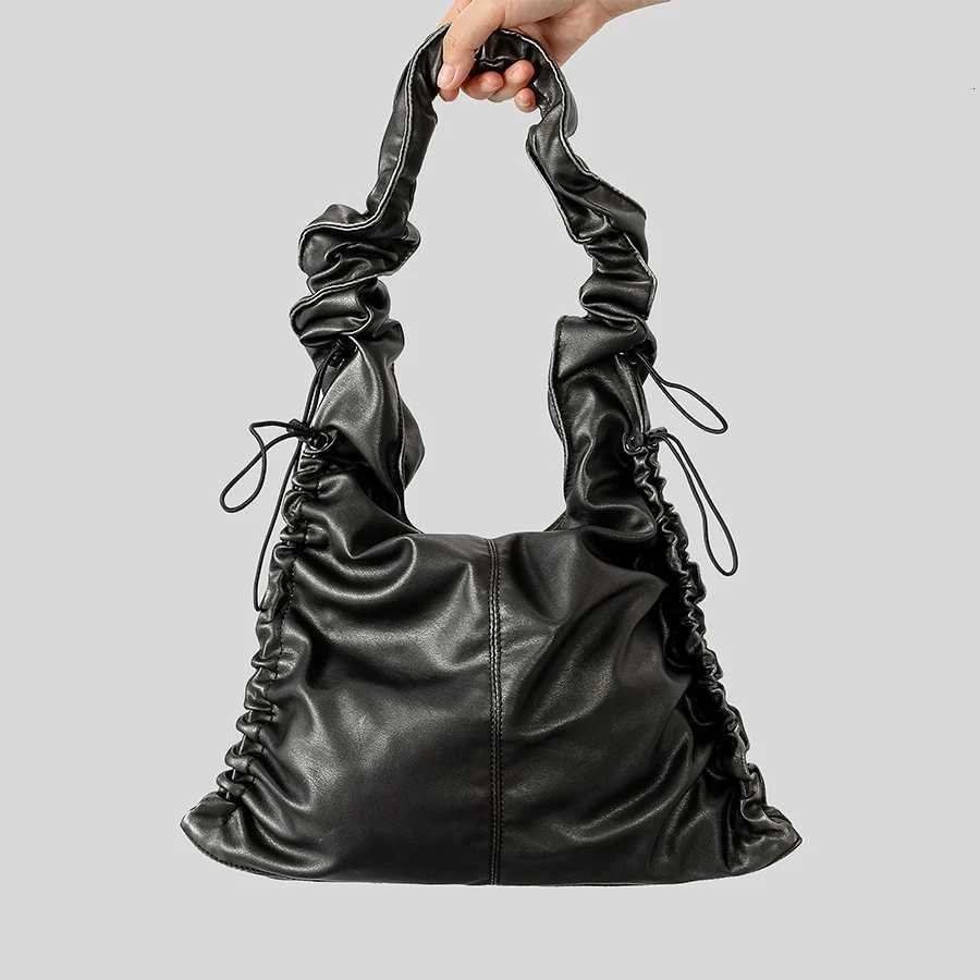 Vintage Ruched Drawsting Women Shoulder Bags Casual Hobos Lady Handbags Pu Leather Underarm Bag Y2K Tote Purses 2024 Y250730